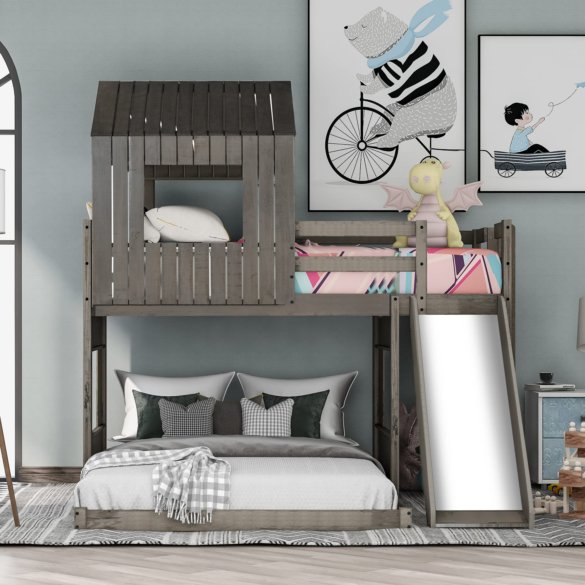 【Furniture】House Bed Bunk Beds with Slide, Wood Bunk Beds with Roof and Guard Rail for Kids, Toddlers