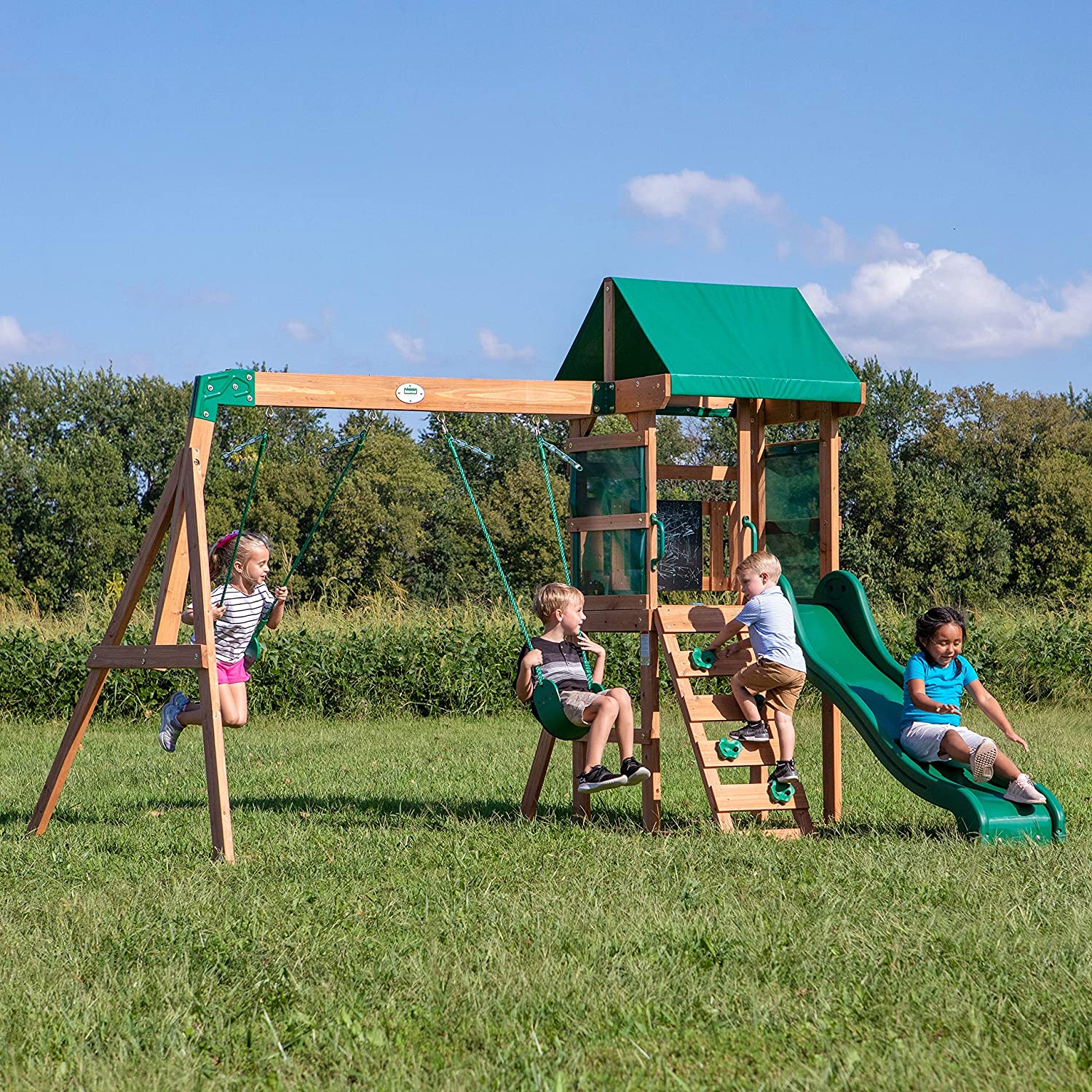 Backyard Discovery Buckley Hill Wooden Swing Set, Made for Small Yards and Younger Children, Two Belt Swings, Covered Mesh Fort with Canopy, Rock Climber Wall, 6 ft Slide
