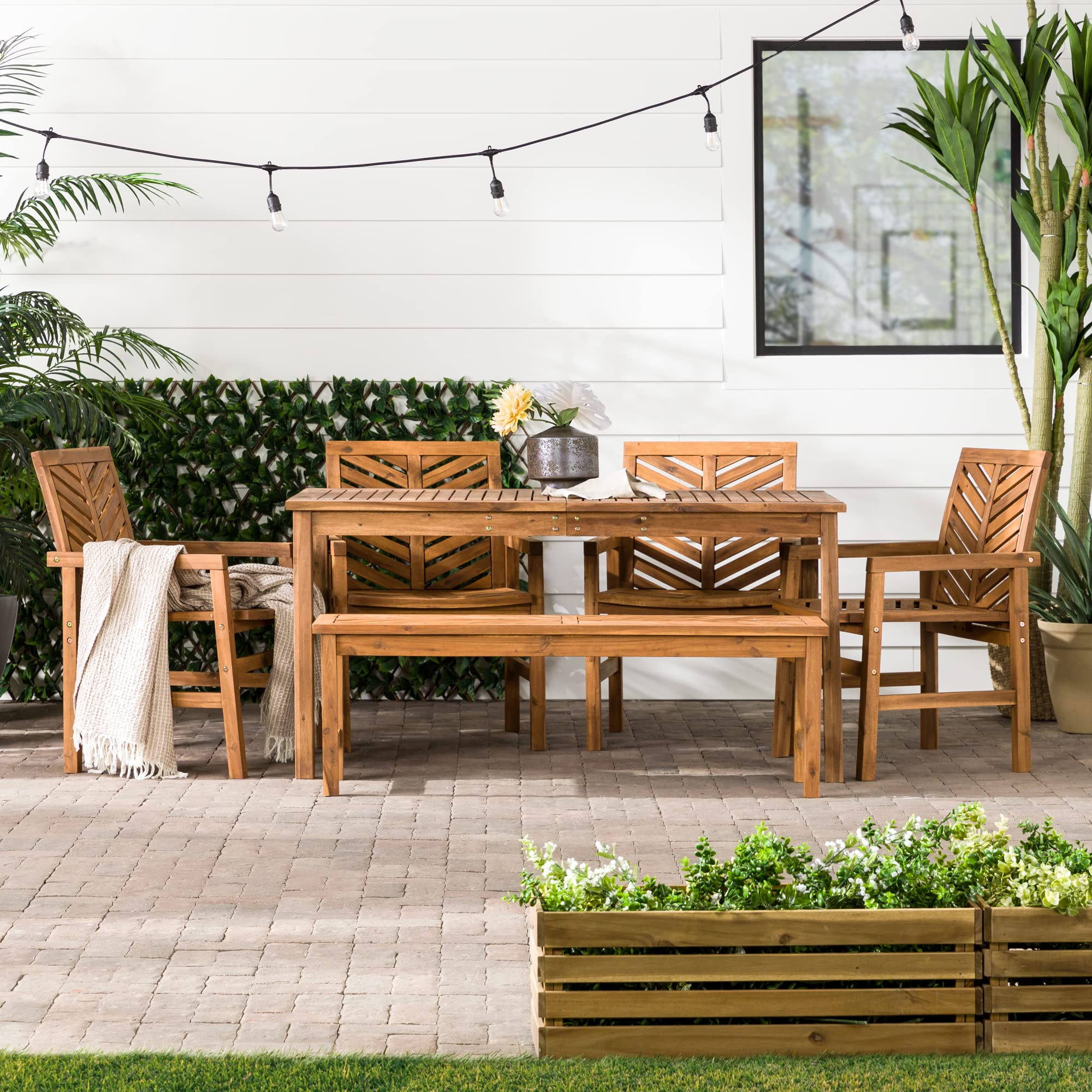 【Furniture】7 Person Outdoor Wood Chevron Patio Furniture Dining Set Table Chairs Bench