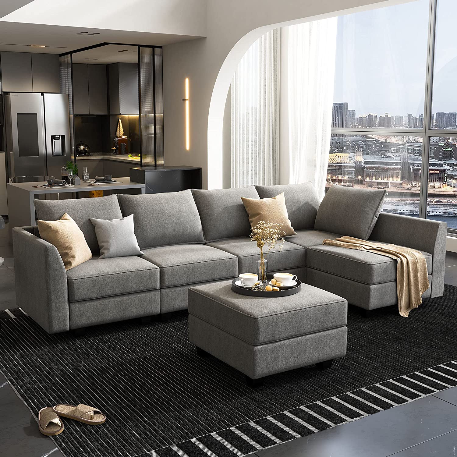 HONBAY Convertible Sectional Sofa U Shaped Couch with Modern Fabric Modular Sofa Couch with Chaise