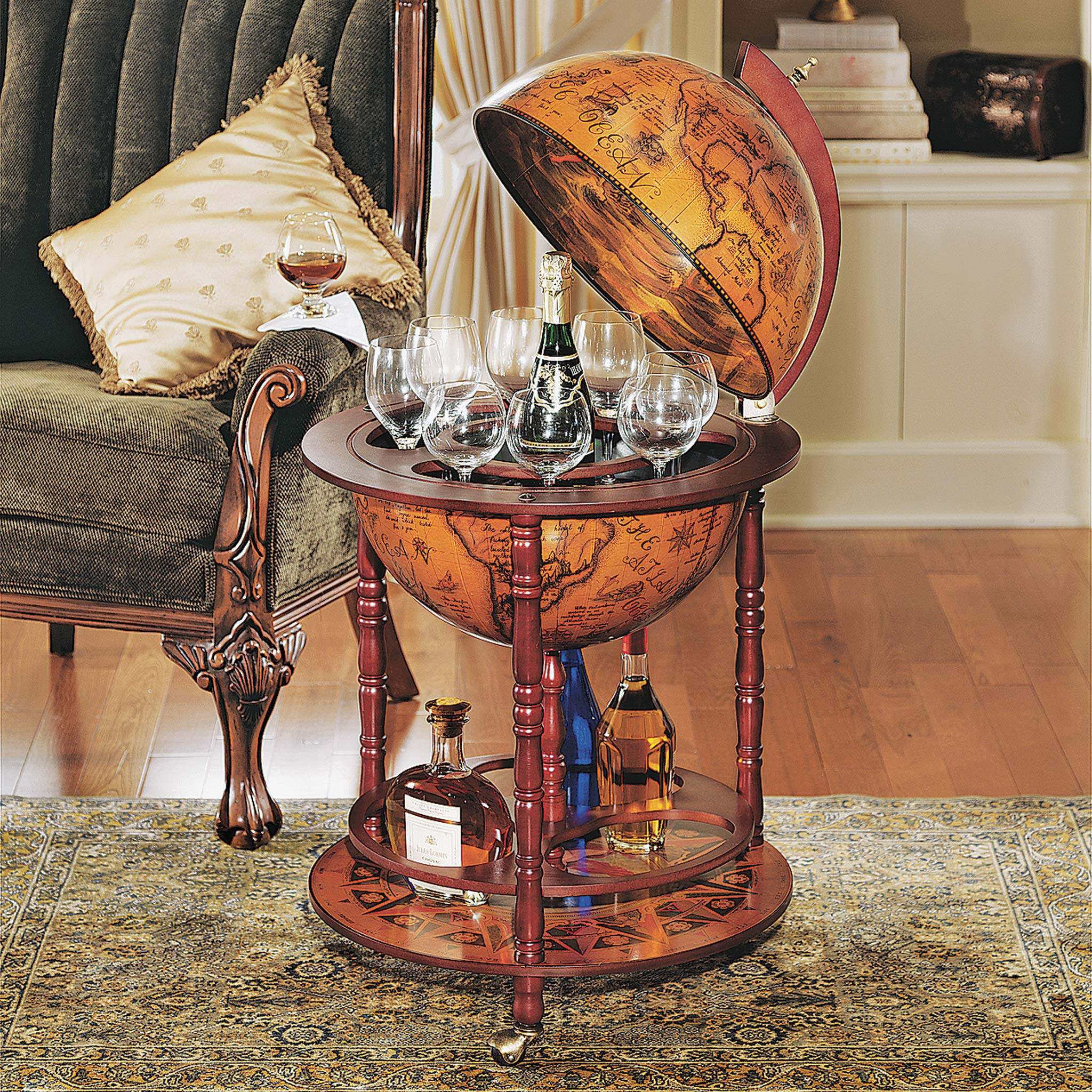 【Furniture】Design Toscano Sixteenth-Century Italian Replica Globe Bar Cart Cabinet on Wheels, 38