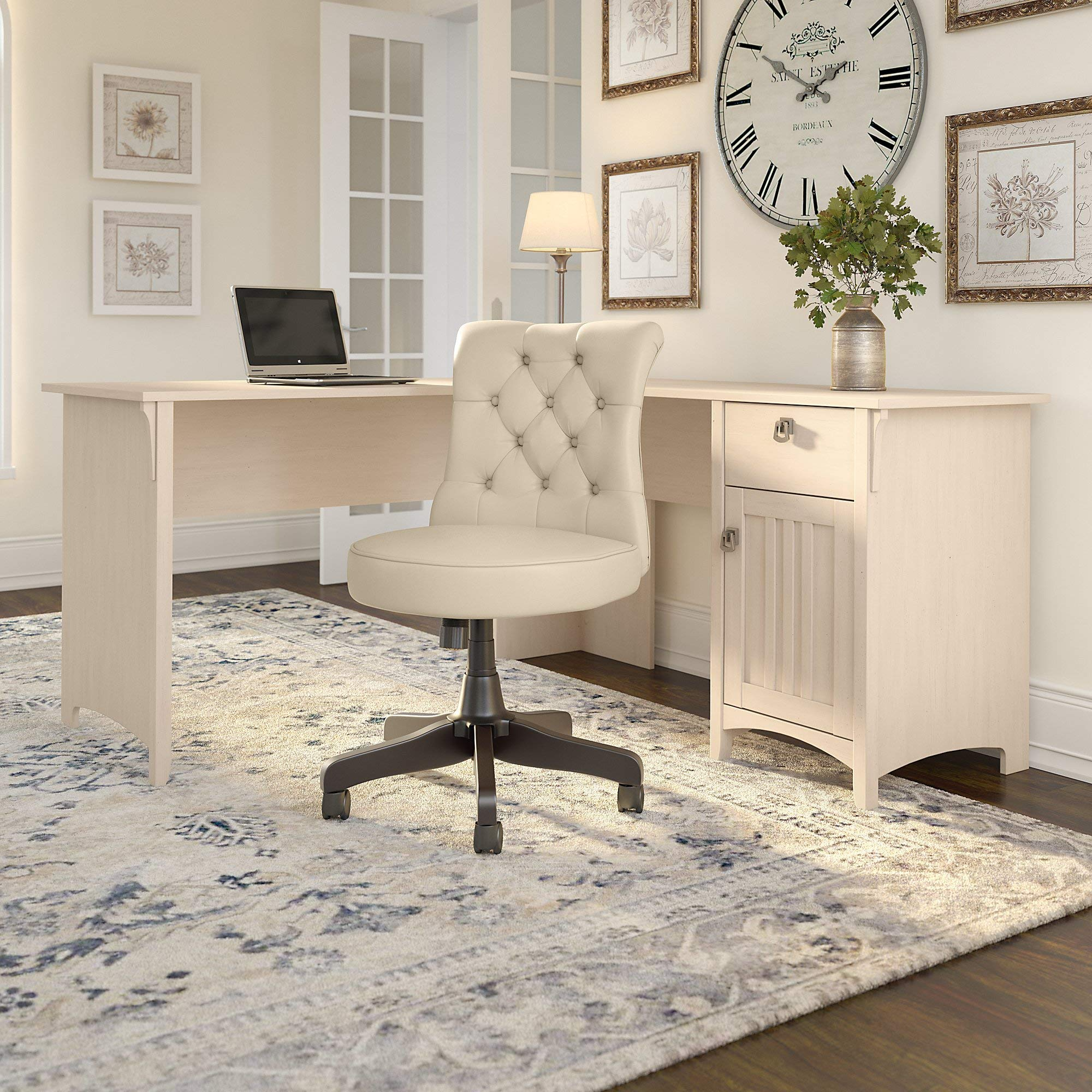 【Furniture】Bush Furniture Salinas 60W L Shaped Desk with Mid Back Tufted Office Chair in Antique White