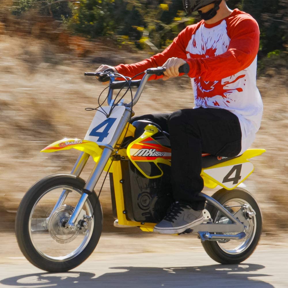 Razor MX650 Dirt Rocket Electric-Powered Dirt Bike with Authentic Motocross Dirt Bike Geometry, Rear-Wheel Drive, High-Torque, Chain-Driven Motor, for Kids 13+, Yellow