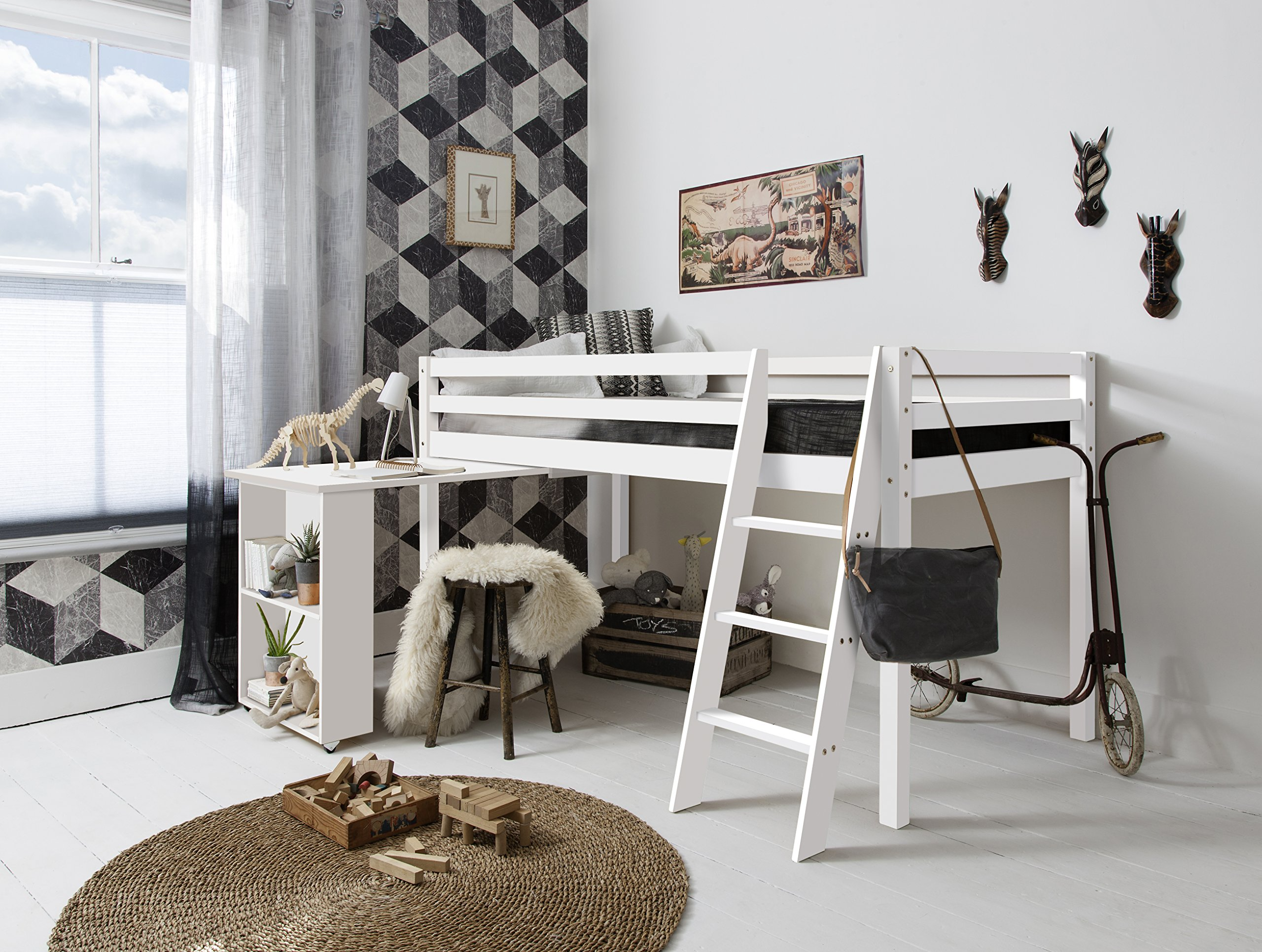 【Furniture】Midsleeper Cabin Bed with Pull-Out Desk - White