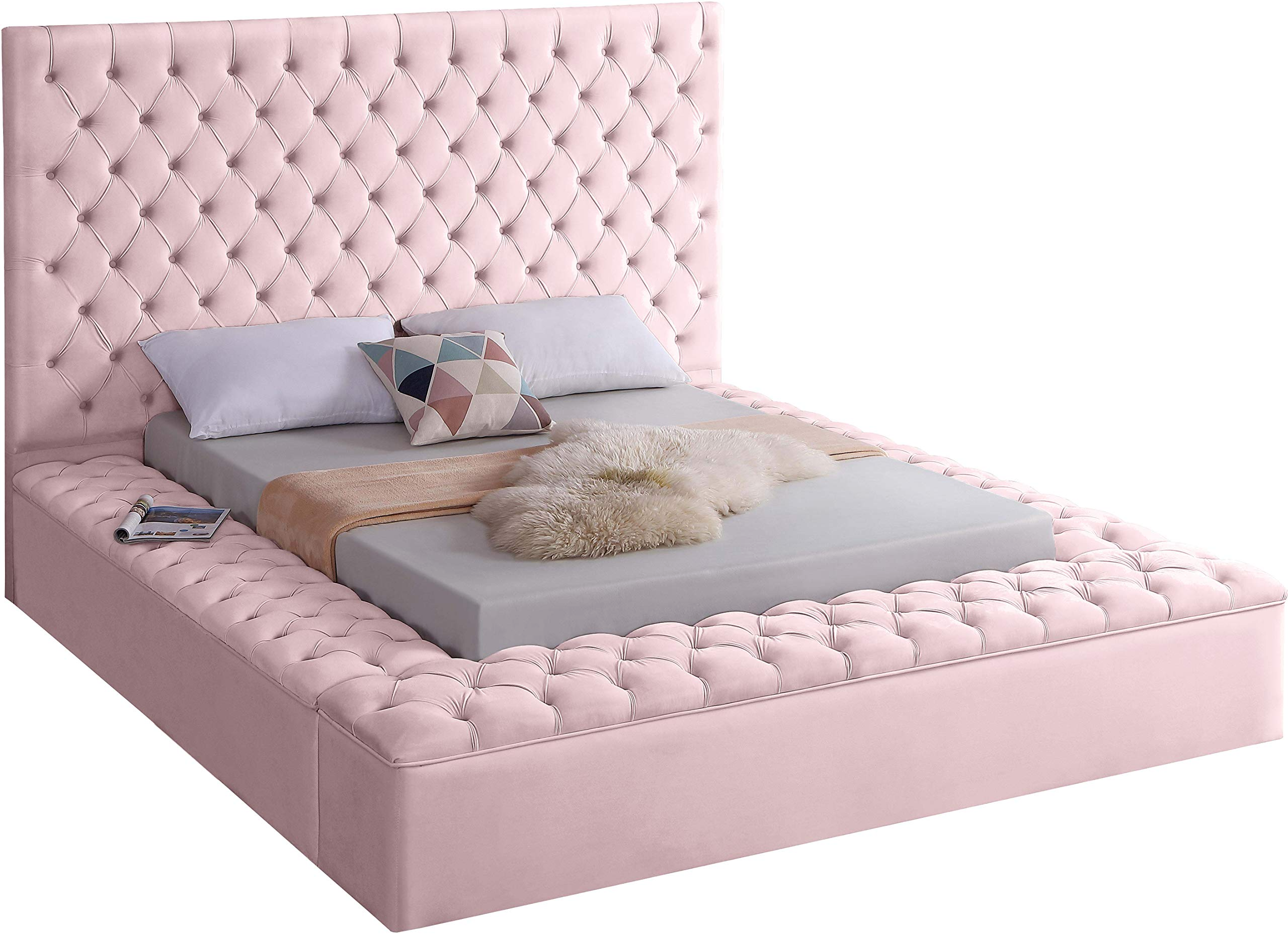 【Furniture】Contemporary Velvet Upholstered Bed with Deep Button Tufting & Storage Compartments