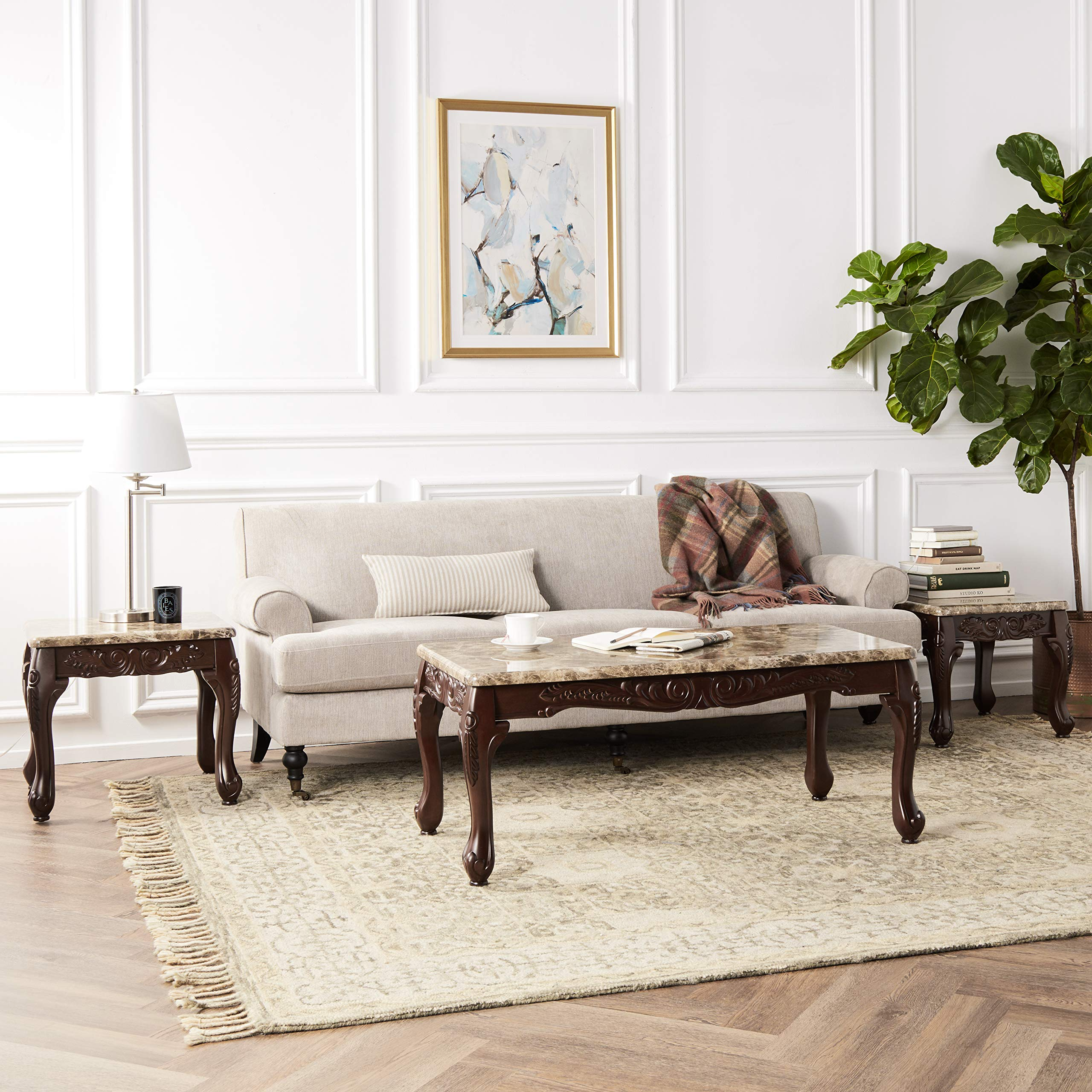 【Furniture】3-Piece Traditional Faux Marble Top Accent Tables Set, Dark Oak