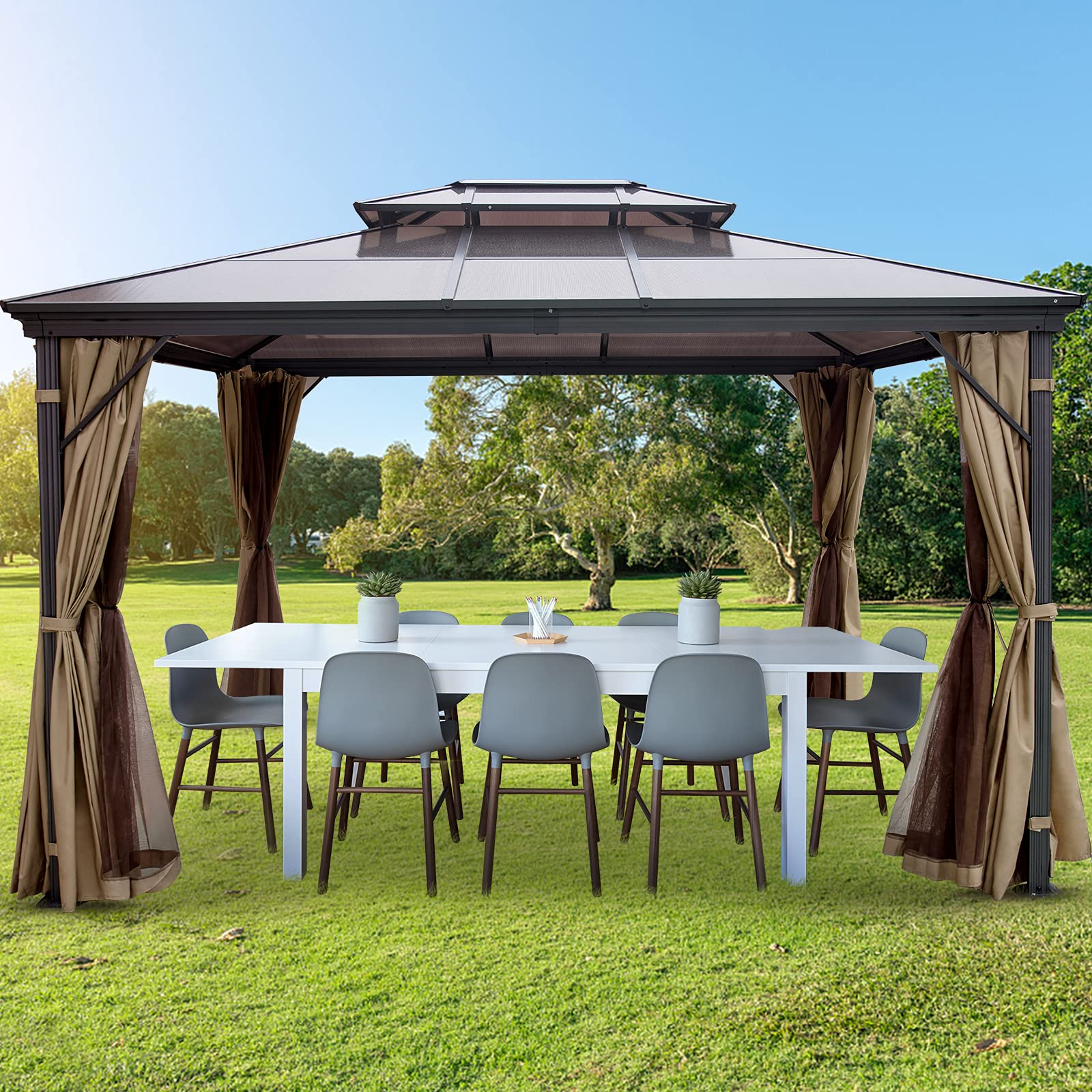 【Gazebo】Hard Top Gazebo 10' x 12' with Netting - Metal Gazebo