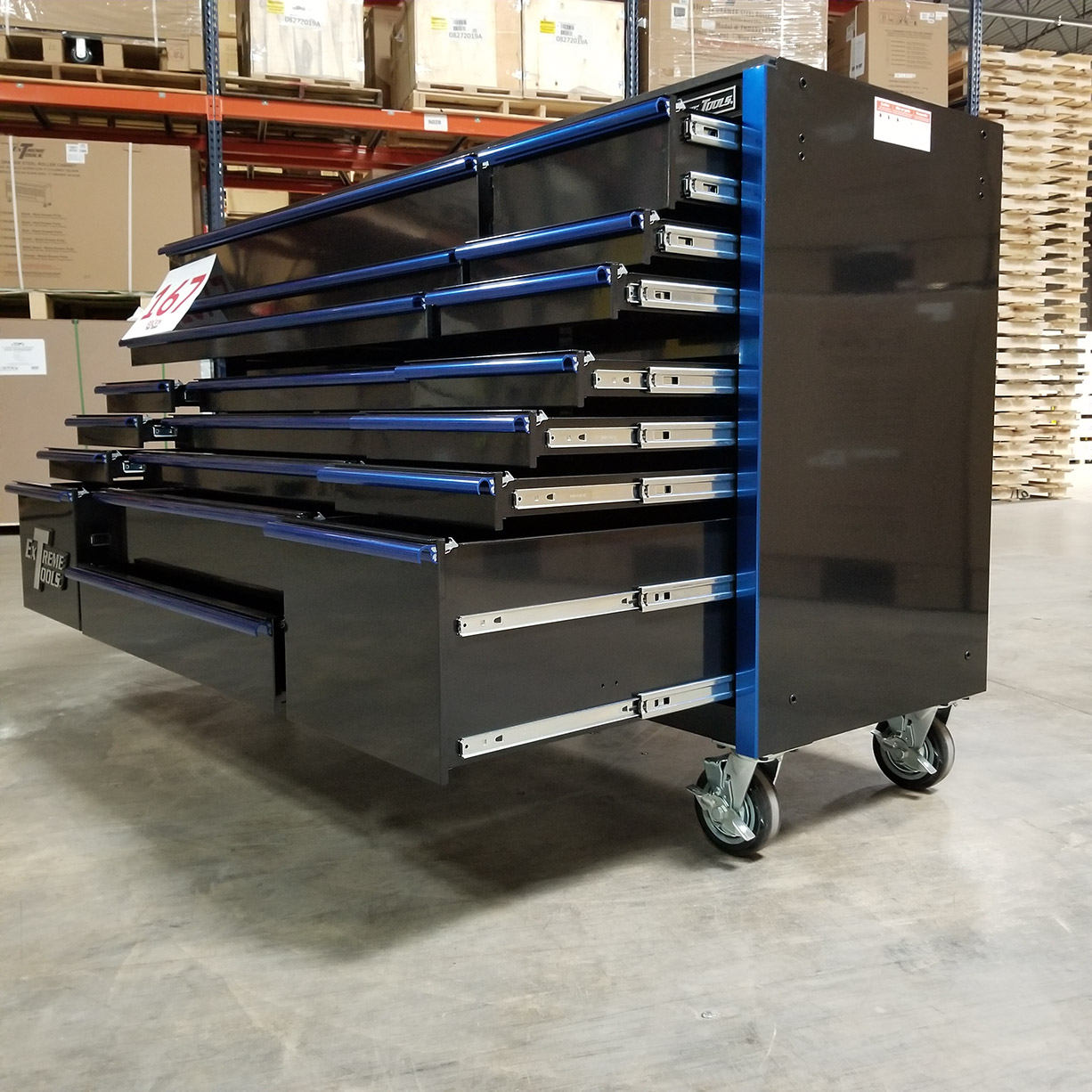 n- used toolboxShowroom Demo, Extreme Tools RX Series 72 19 Drawers 25 Deep Roller Cabinet, Black-Blue, 150 lbs. Slidesn-