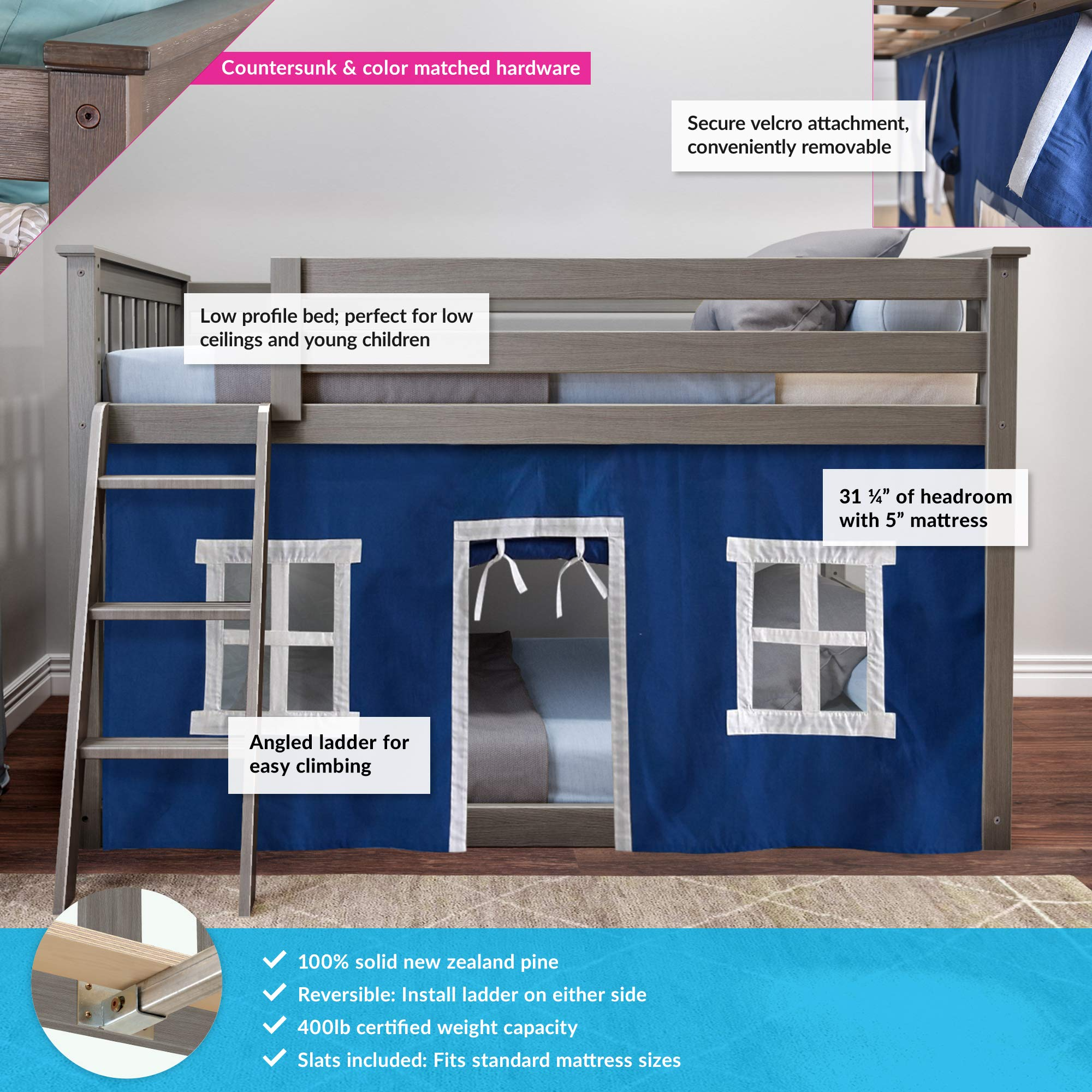 【Furniture】【BS】Low Bunk Bed, Twin-Over-Twin Bed Frame for Kids with Curtains for Bottom, Clay/Blue
