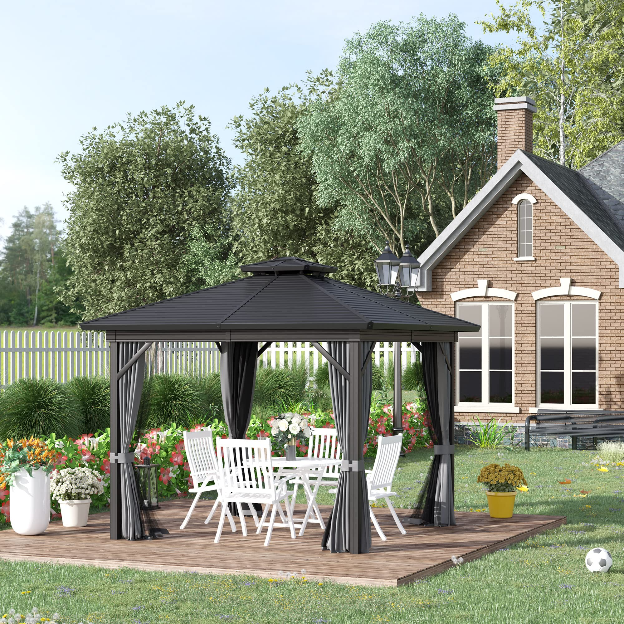 【Gazebo】10x10 Hardtop Gazebo with Aluminum Frame, Permanent Metal Roof Gazebo Canopy w/ Curtains & Netting