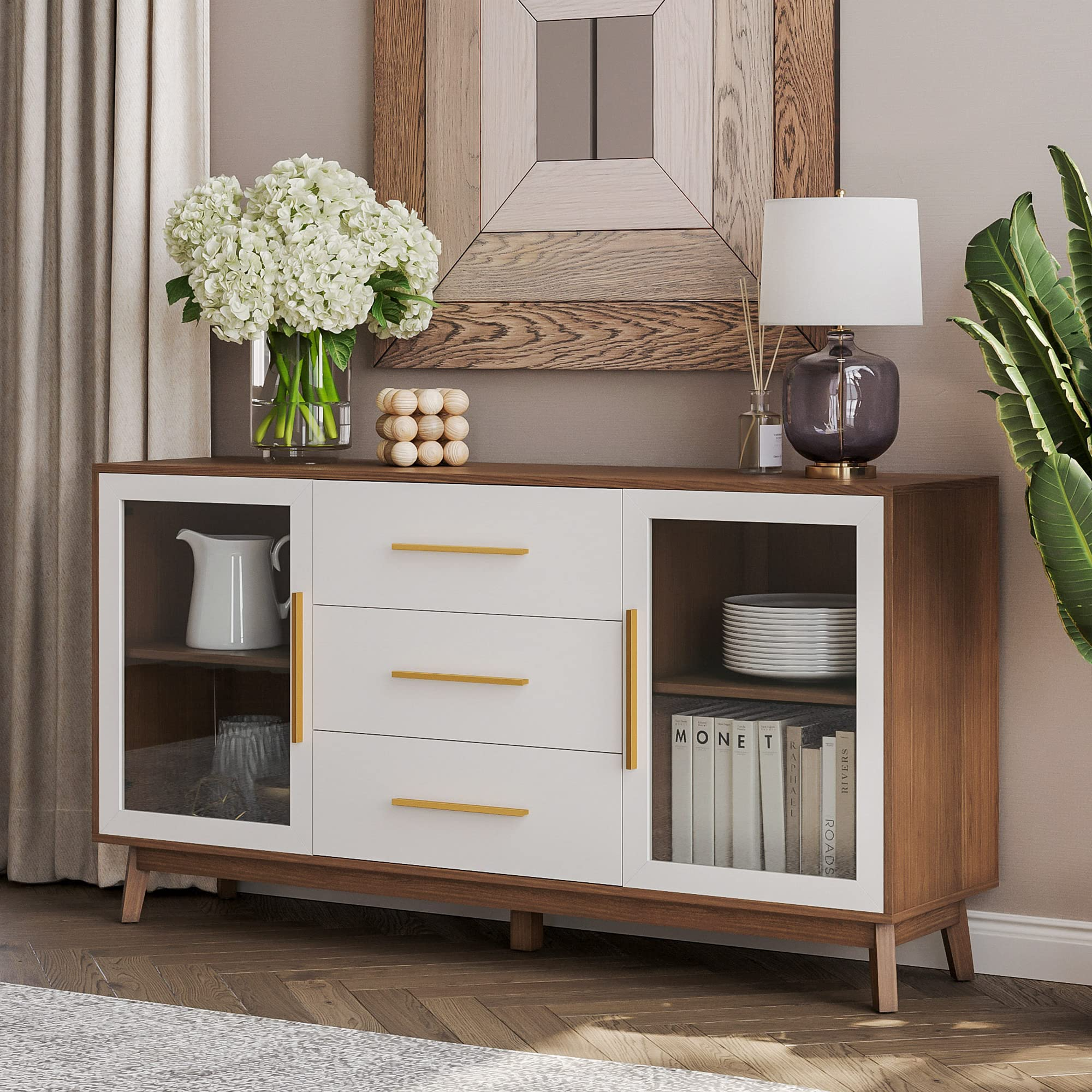 【Furniture】Sideboard Buffet Cabinet with 3 Drawers & 2 Doors, Console Table for Kitchen